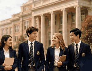 Four students walking together in front of a warm campus building