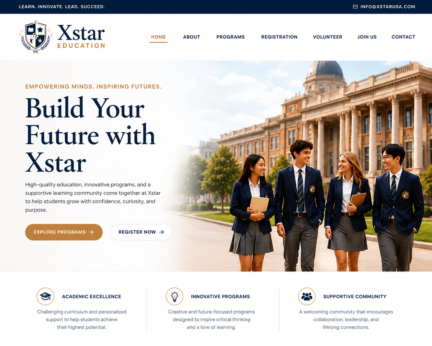 Xstar Education homepage hero with students walking in front of a warm campus building