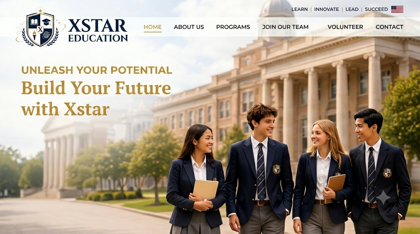 Xstar students walking together in front of a classical campus building